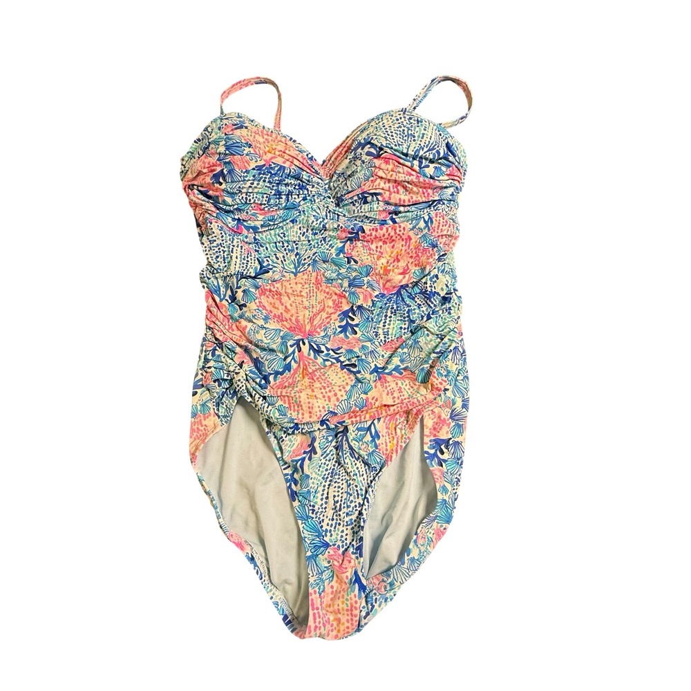 Lilly Pulitzer Layne One Piece Swimsuit Coral Seashell Print Blue Pink 12 Resort